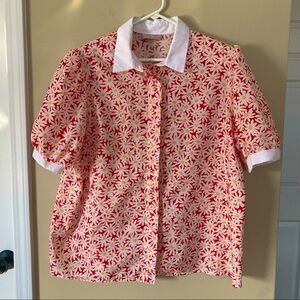 Vintage Classic Directions Red White Daisies Collared Blouse Made in USA
